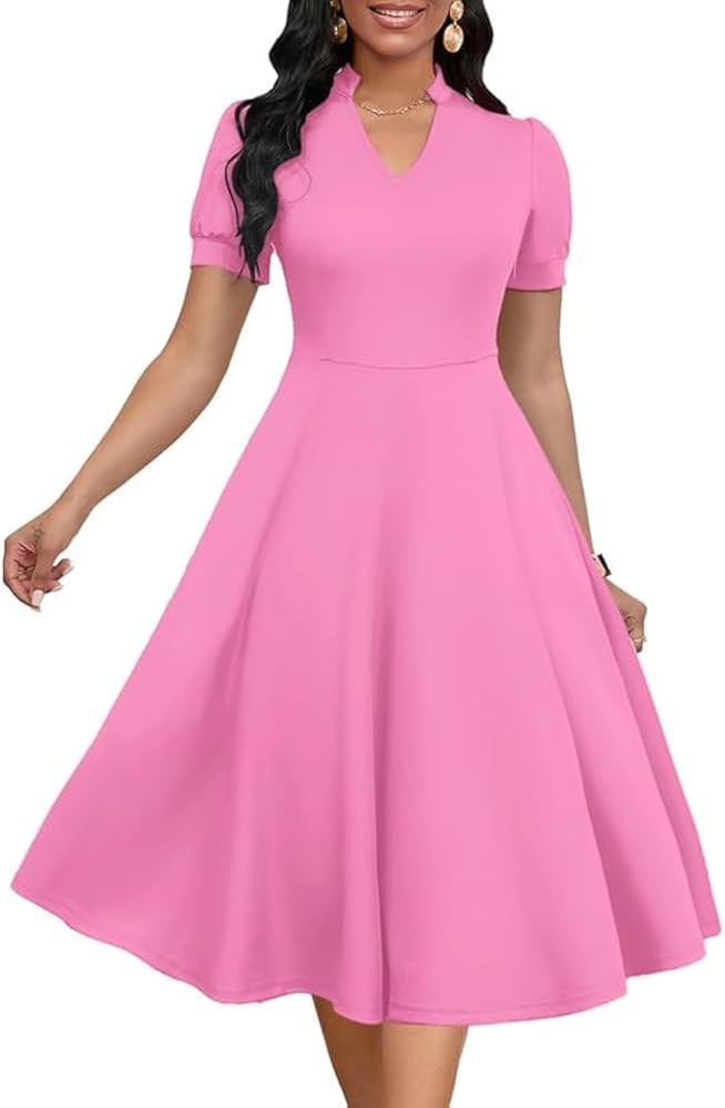 Womens Short Puff Sleeve V Neck Casual Semi-Formal Cocktail Party A-Line Dress | Amazon (US)