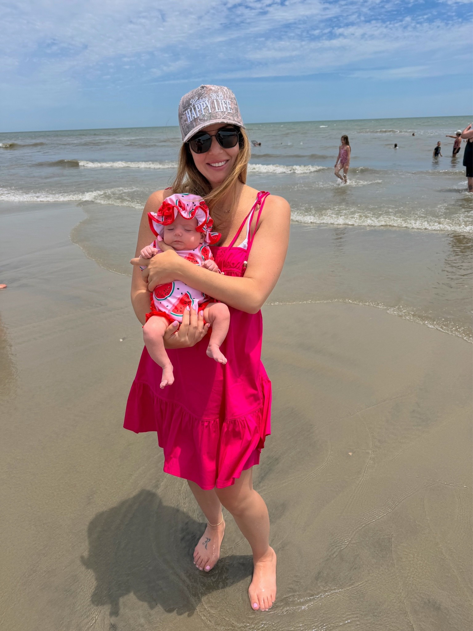 Size Small Dress
Size Small Swimsuit 
Size 0-3 Month Swimsuit @ 11 Weeks

#LTKmomlife #LTKSwim #LTKBaby