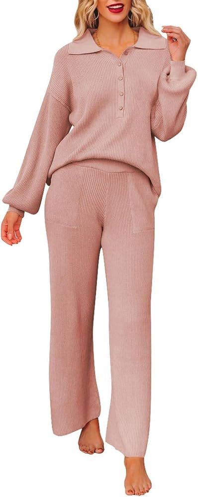 Pink Queen Women's 2 Piece Outfit Sweater Set Long Sleeve Button Knit Pullover Top Wide Leg Pants... | Amazon (CA)