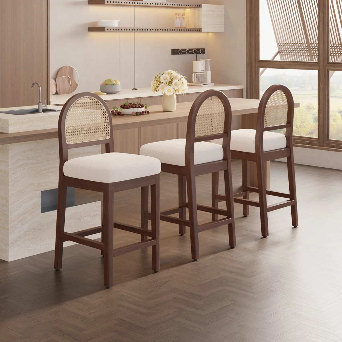 Solid Rubberwood Counter Height Bar Stool With Cane Back, Upholstered Chenille Seat, Natural Wood... | Wayfair North America