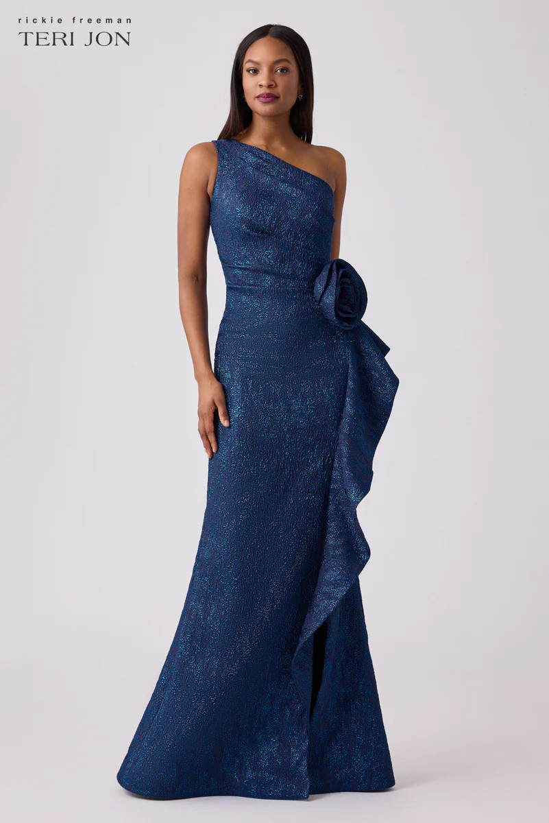 Jacquard Side Ruffle Gown with 3D Drape | TERIJON