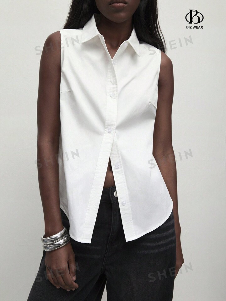 SHEIN BIZwear Women Summer Casual Solid Color Sleeveless Button Up Shirt | SHEIN