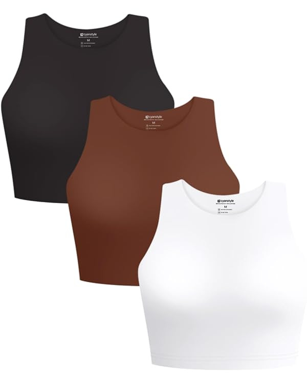 Cyanstyle Women's 3 Piece Tank Tops Sleeveless Halter Neck Raceback Double Lined Basic Tank Crop ... | Amazon (US)