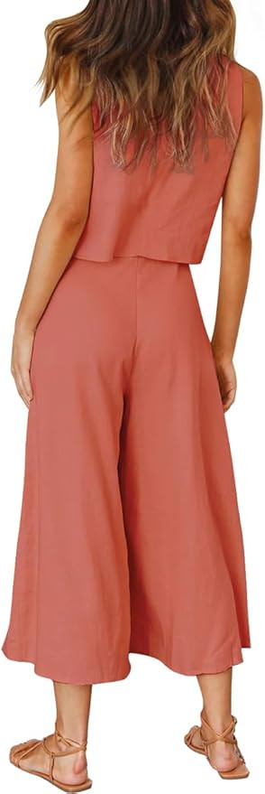 ROYLAMP Women's Summer 2 Piece Outfits Round neck Crop Basic Top Cropped Wide Leg pants Set Jumps... | Amazon (US)