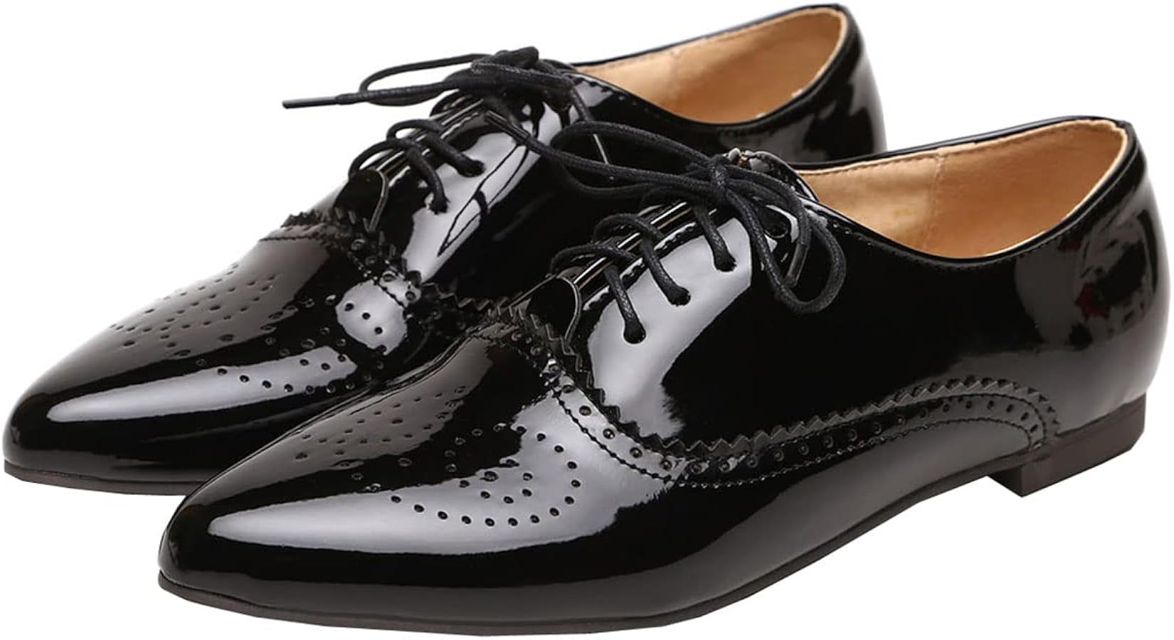 SHEMEE Women's Patent Leather Pointed Toe Flat Oxfords Pumps Vintage Wingtip Low Heels Lace Up Re... | Amazon (US)