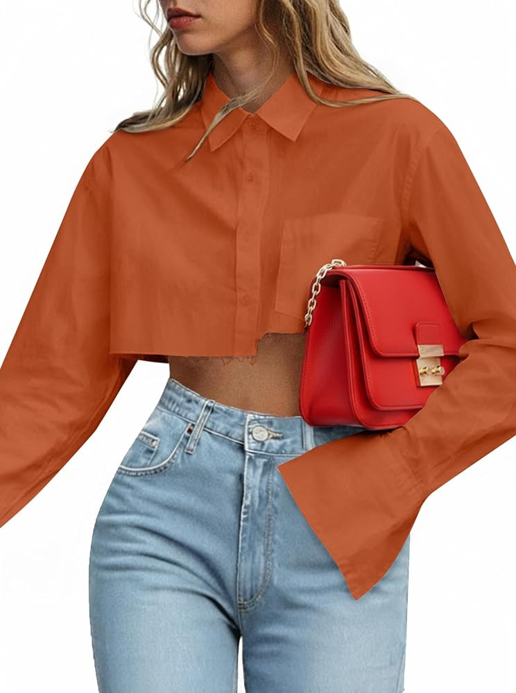 Remidoo Women's Asymmetrical Cropped Button Down Shirt Long Sleeve Blouse | Amazon (US)
