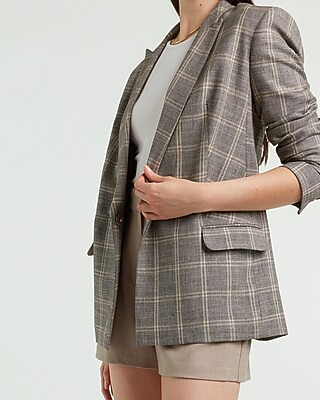 Windowpane Linen-Blend Boyfriend Blazer | Express