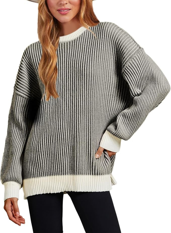 lvatr Chenille Sweater for Women 2023 Fall Casual Striped Pullover Long Sleeve Color Block Knit T... | Amazon (US)