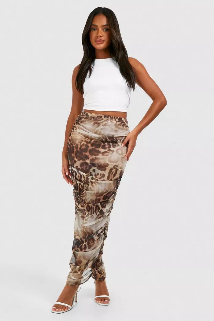 Ruched Mesh Leopard Printed Maxi Skirt | Boohoo.com (UK & IE)