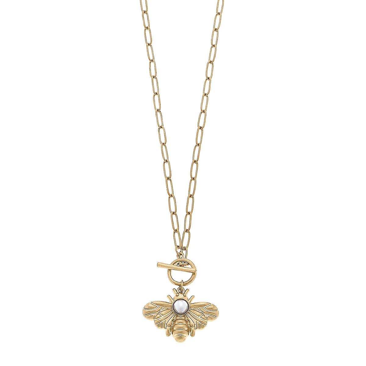 Elise Bee & Pearl Cluster Pendant T-Bar Necklace in Worn Gold | CANVAS