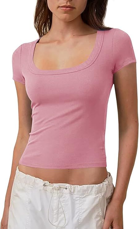 Lynwitkui Womens Scoop Neck Short Sleeve Tops Slim Fit Ribbed Casual Basic T Shirts Tops | Amazon (US)