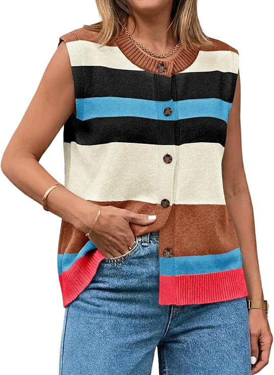 Tankaneo Womens Color Block Striped Sweater Vest Tops Summer Casual Button Up Knit Sleeveless Car... | Amazon (US)