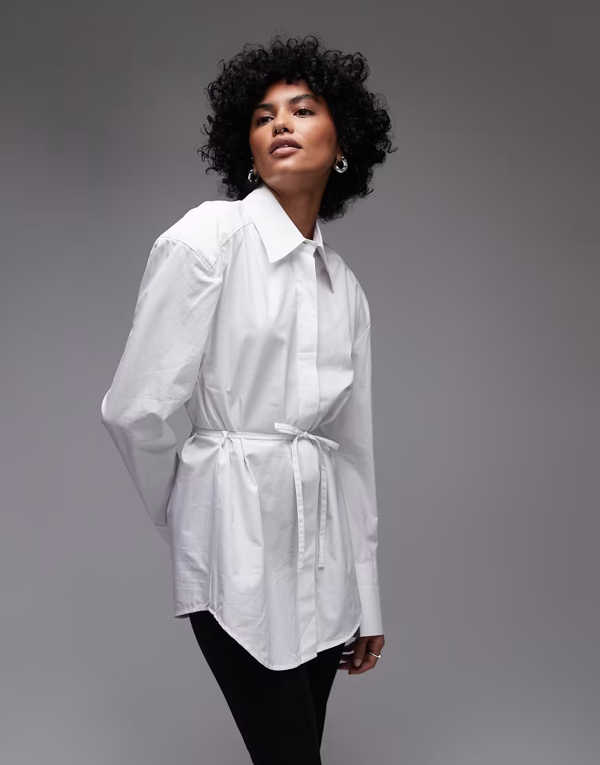 ASOS DESIGN cinch waist shirt with shoulder pads in white | ASOS (Global)