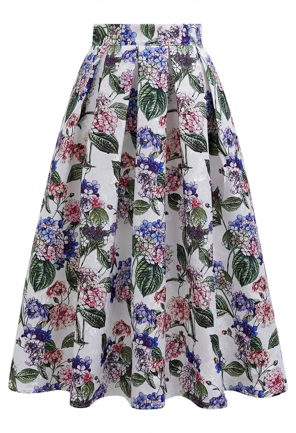 Watercolor Hydrangea Jacquard Pleated Midi Skirt | Chicwish