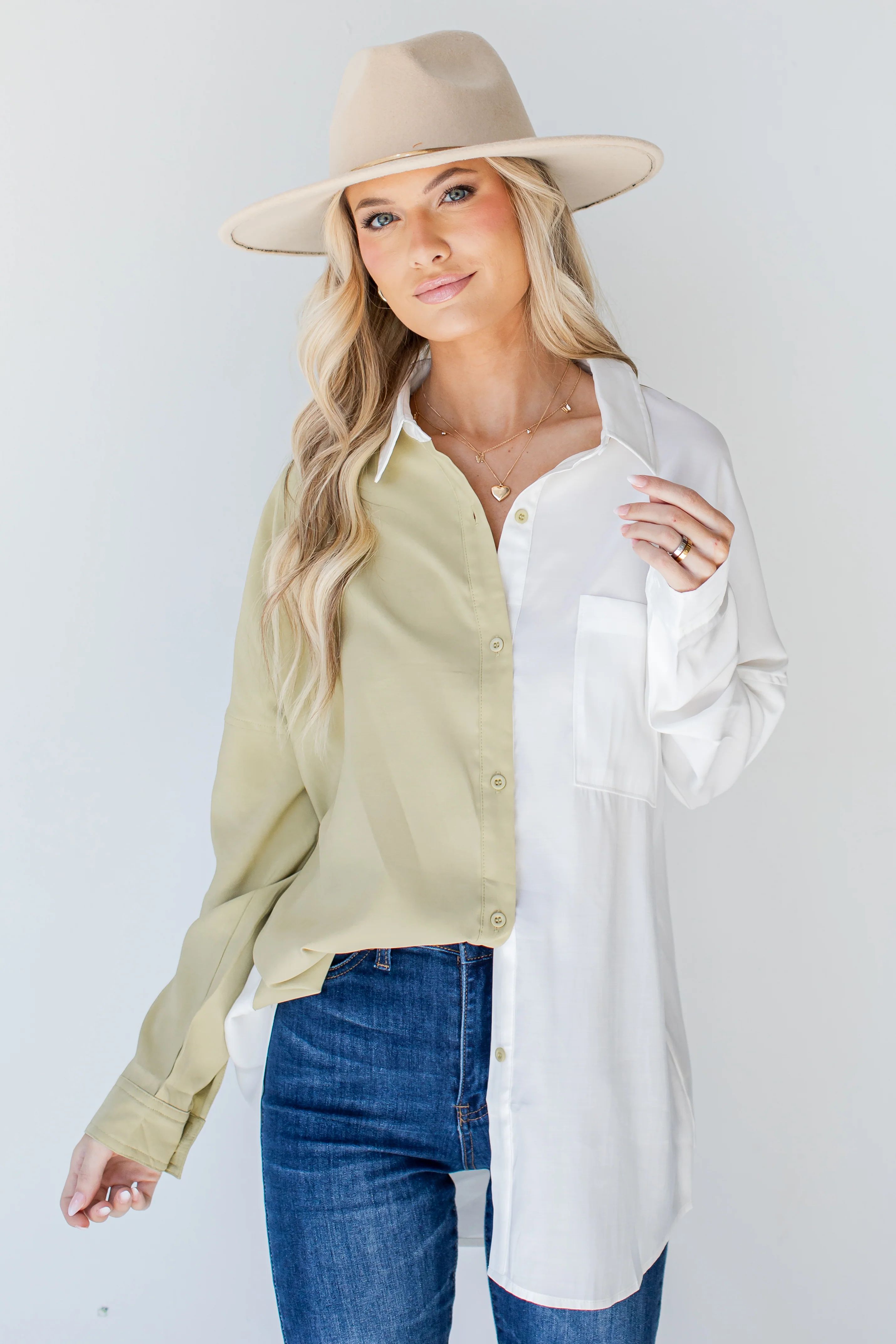 Stand Out Two Tone Button-Up Blouse | Dress Up