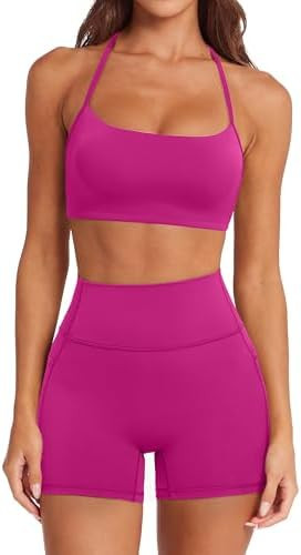 SUUKSESS Women 2 Piece Workout Sets Padded Halter Sports Bras High Waisted Biker Shorts with Pock... | Amazon (US)