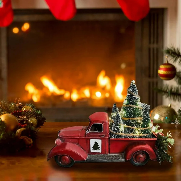 Red Truck Christmas Decor, Farmhouse Vintage Red Pickup Truck with Xmas Trees Resin Christmas Cen... | Walmart (US)
