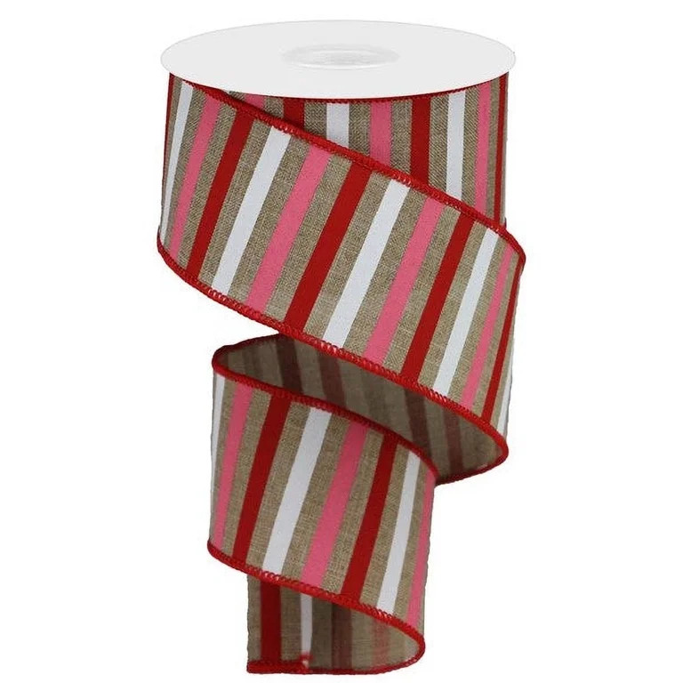 Horizontal Stripe Wired Edge Ribbon - 10 Yards (Light Beige, Red, Pink, White, 2.5") | Walmart (US)