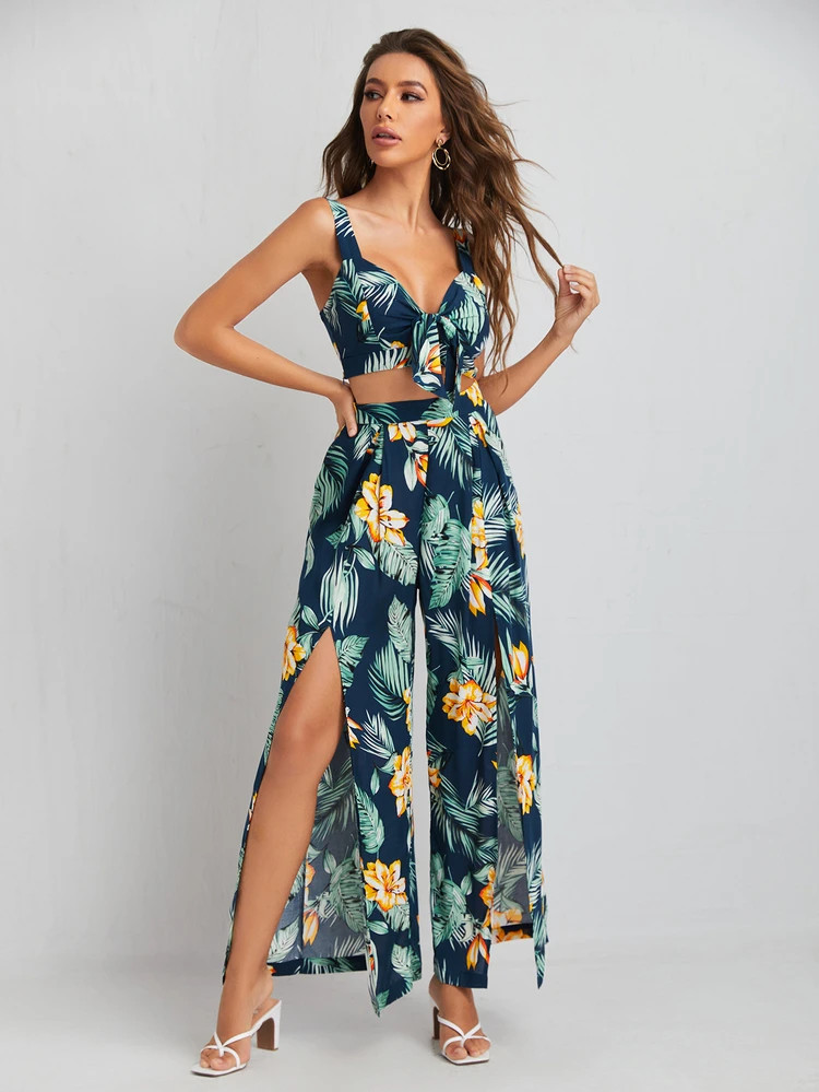 SHEIN Tropical Print Tie Front Cami Top and High Split Pants Set | SHEIN