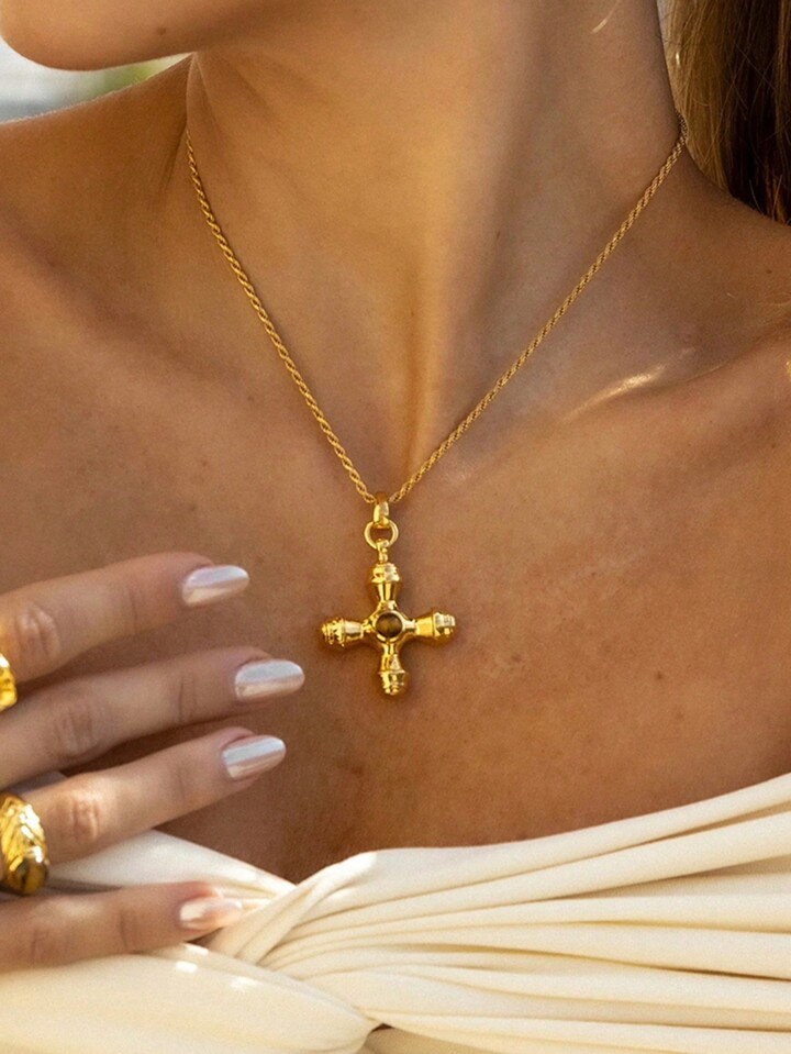 Uworld 1pc 18k Gold Plated Cross Pendant Necklace With White Cubic Zirconia Square Geometric Pend... | SHEIN