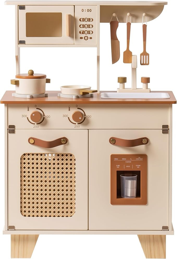 ROBUD Kids Kitchen Playset, Mocha Montessori Wooden Play Kitchen with Ice Dispenser, Pretend Todd... | Amazon (US)