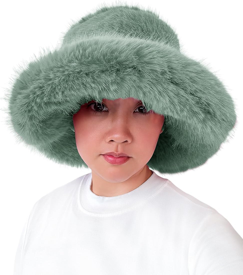 Lina & Lily Oversized Winter Faux Fur Bucket Hat for Women - Long Pile Fur Wide Moldable Brim | Amazon (US)