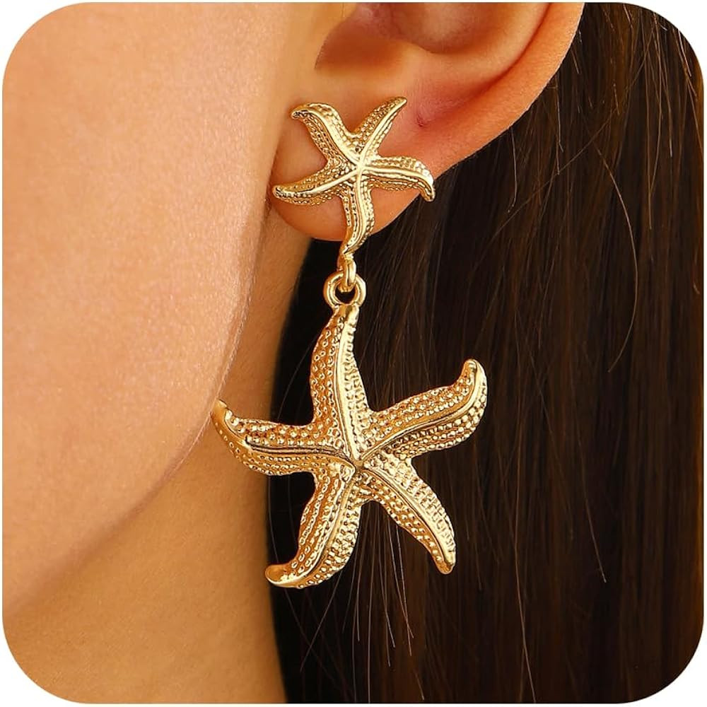 Gold Starfish Drop Dangle Earrings - Sea Star Dangle Earrings for Women - Summer Theme Beach Chic... | Amazon (US)