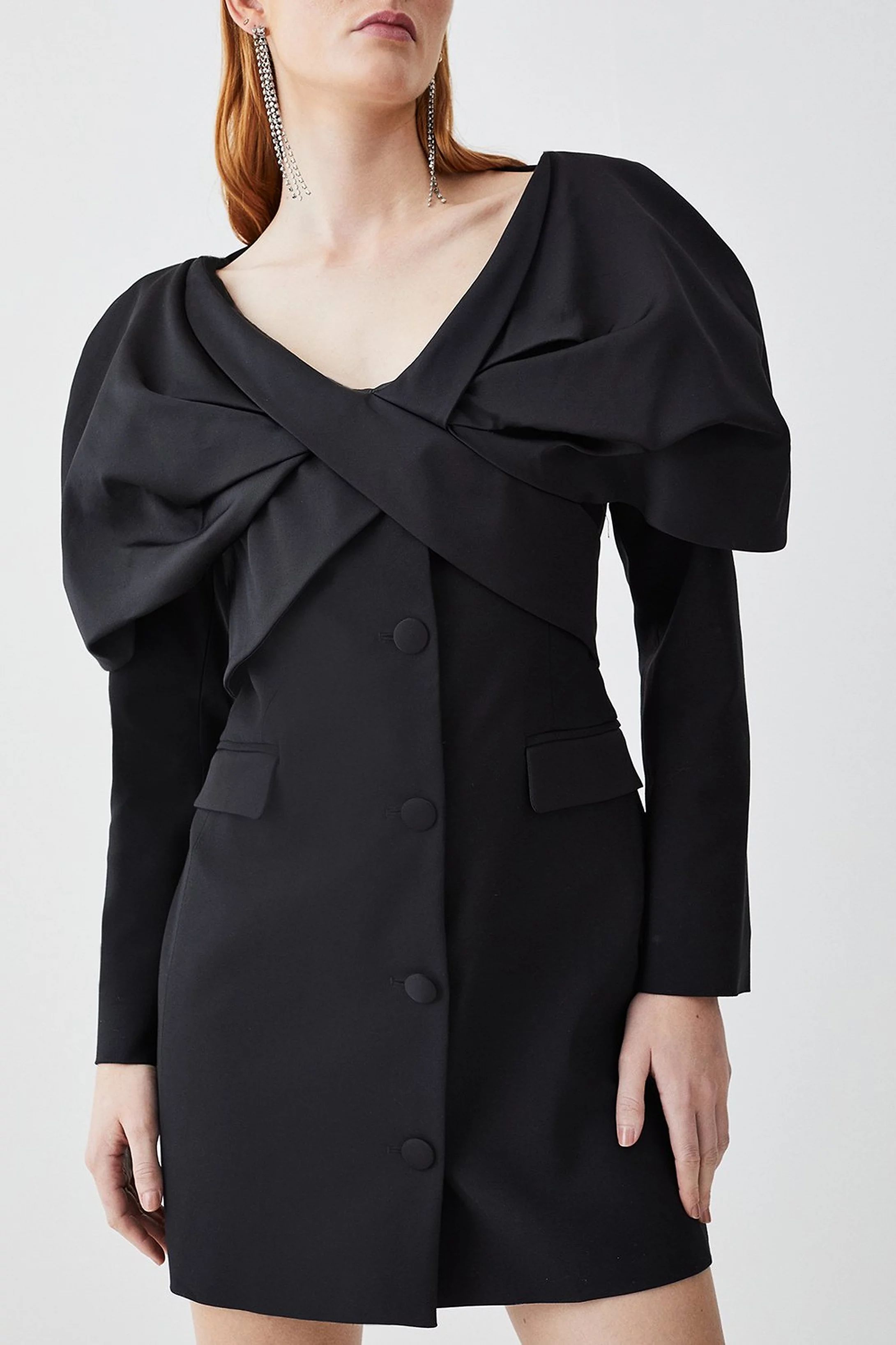 Italian Wool Satin Statement Shoulder Tailored Mini Dress | Karen Millen US
