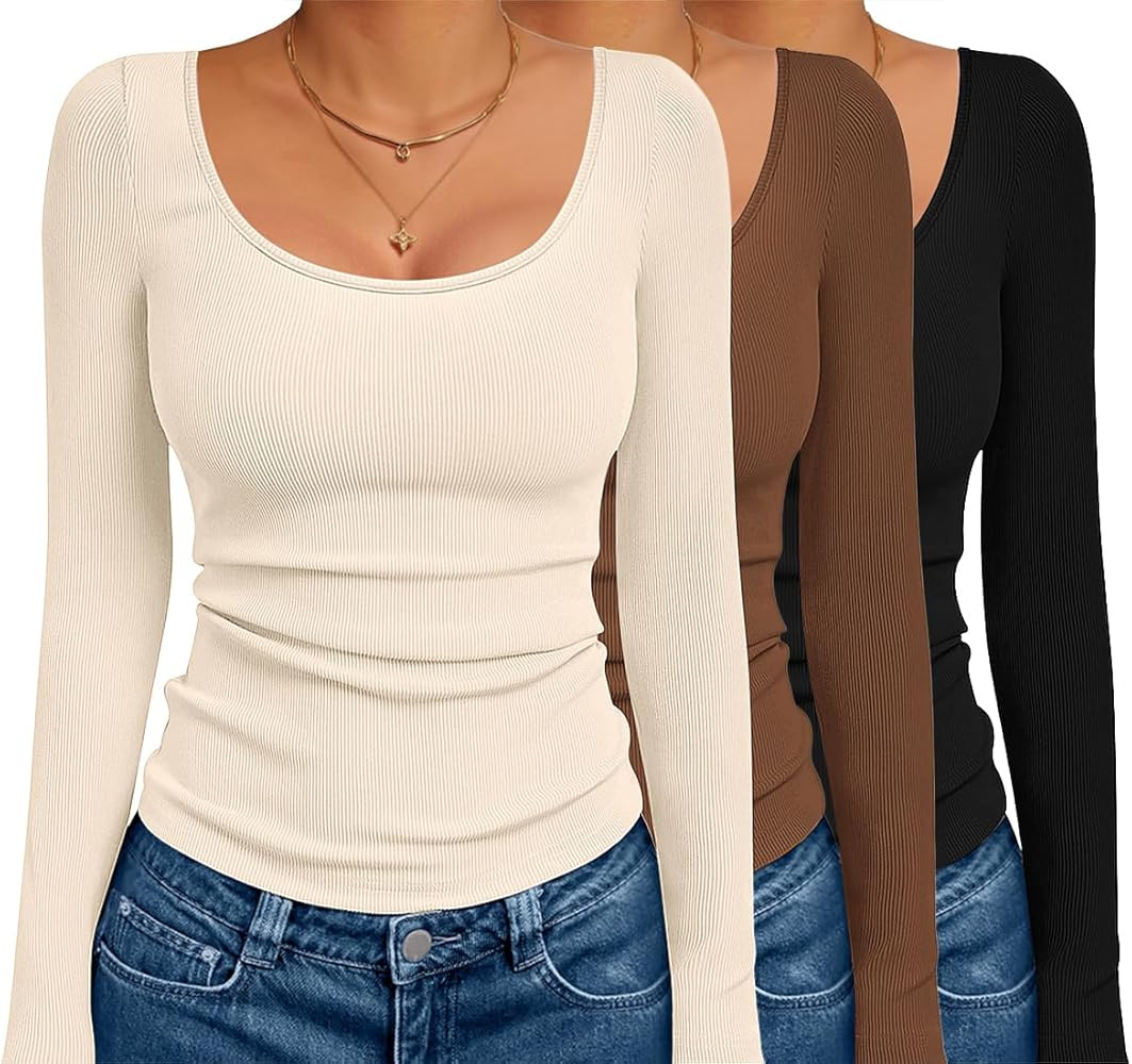 Ekouaer 3 Pack Long Sleeve Shirts for Women Scoop Neck Ribbed Thermal Tops Slim Fit Basic Undersh... | Amazon (US)