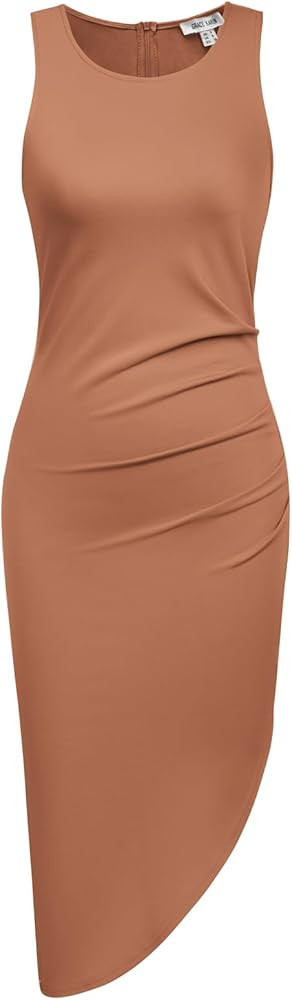 GRACE KARIN Women Sleeveless Ruched Dress Solid Crew Neck Summer Irregular Midi Dress | Amazon (US)