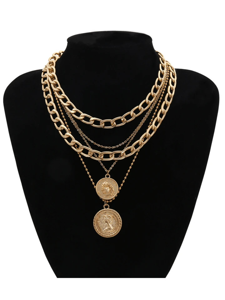 3pcs Gold Layered Necklaces for Women Trendy Retro Coin Pendant Gold Necklace Dainty Chunky Link ... | SHEIN