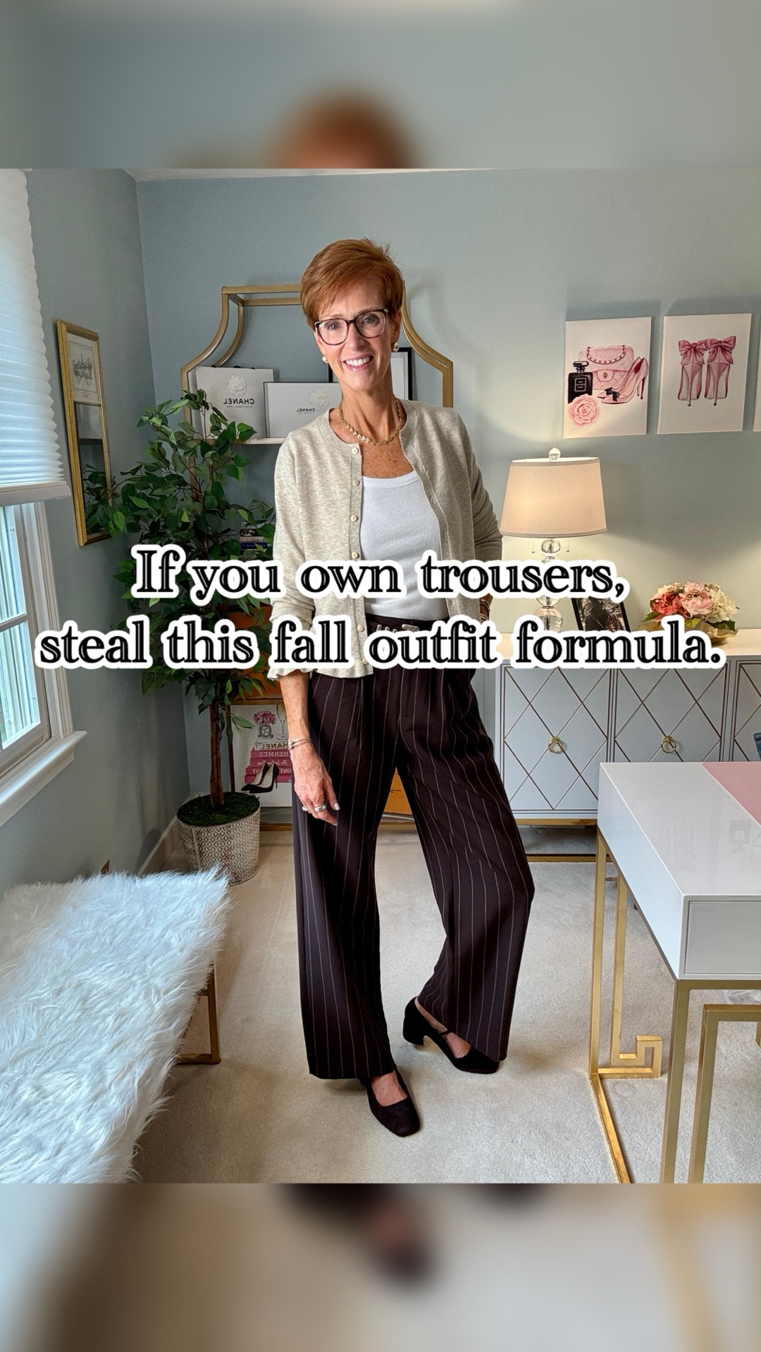Pinterest gave me the idea. My closet made it wearable.

Pinterest Inspired Outfit #31 might be one of the easiest fall outfit formulas I’ve recreated yet: brown pinstripe trousers, a cream ribbed tank, a light beige cardigan and brown suede woven flats.

And this is exactly why I think a great pair of fall trousers earns its place in your closet. They can look polished without feeling overly dressed, and keeping everything else soft and neutral makes them incredibly easy to wear for everyday life.

This week is all about fall trousers, and I’m showing you how to make them work beyond the office — because good trousers should earn more than one kind of outfit.

SAVE this one for the next morning you’re staring at your closet wondering what to wear, and SEND it to a friend who loves an easy neutral fall outfit.

Would you wear this one? And tell me: are you wearing trousers more often this fall?

#FallTrouserOutfits #PinterestInspiredOutfit #Over50Style #TallWomenStyle

#LTKootd #LTKOver40 #LTKTall
