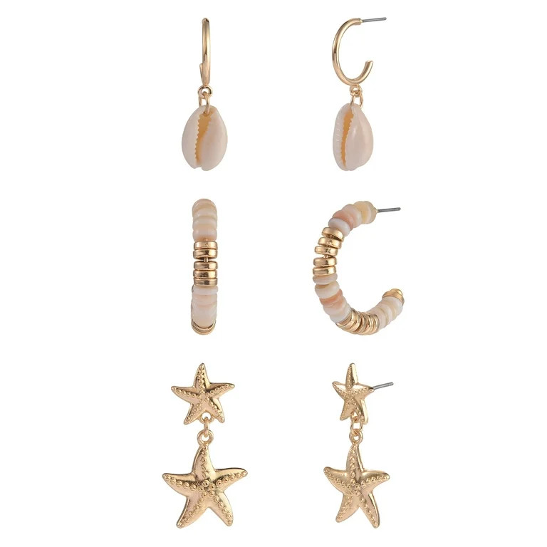 Time and Tru Adult Female Gold-Tone Starfish, Shell, and Beaded Multi Earring Set - 3 Pairs | Walmart (US)