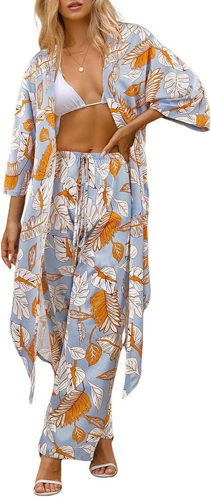 Gihuo Women's Boho 2 Piece Outfits Floral Summer Tropical Kimonos Wide Leg Pants Matching Set Bea... | Amazon (US)