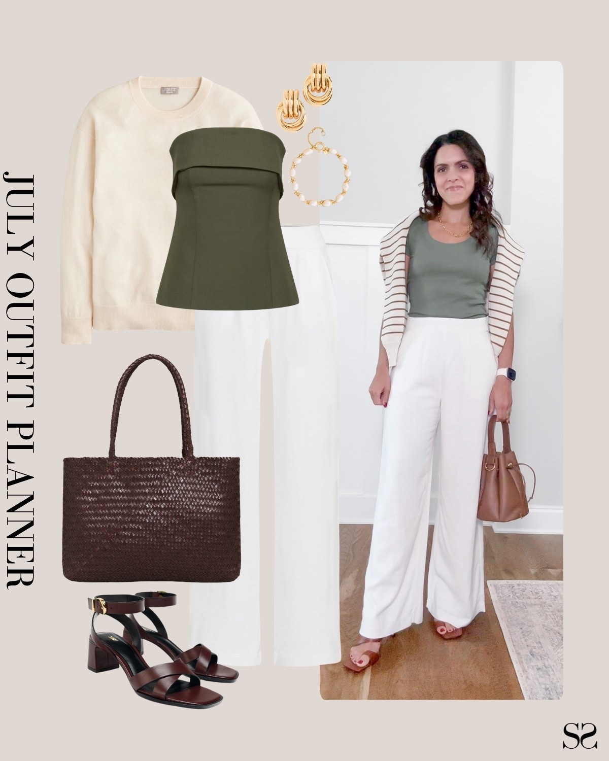 Planner to Person | Monthly outfit planner JULY: What I planned vs. how it’s worn: Summer looks, saved + styled outfit inspo | linen pant, strapless blouse, crewneck sweater layer, woven leather tote, black heel sandals 

#summeroutfit #workwear #officeoutfit  

#LTKStyleTip #LTKWorkwear