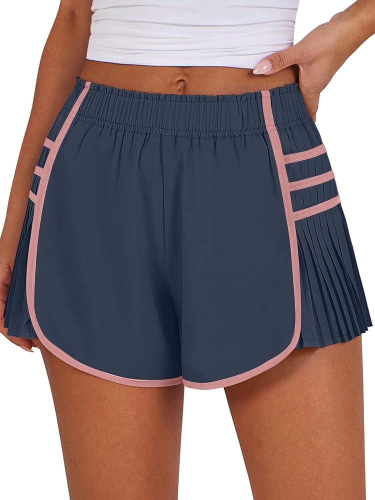 Caracilia Women's Running Shorts High Waisted Quick Dry Athletic Workout Flowy Pleated Contrast C... | Amazon (US)