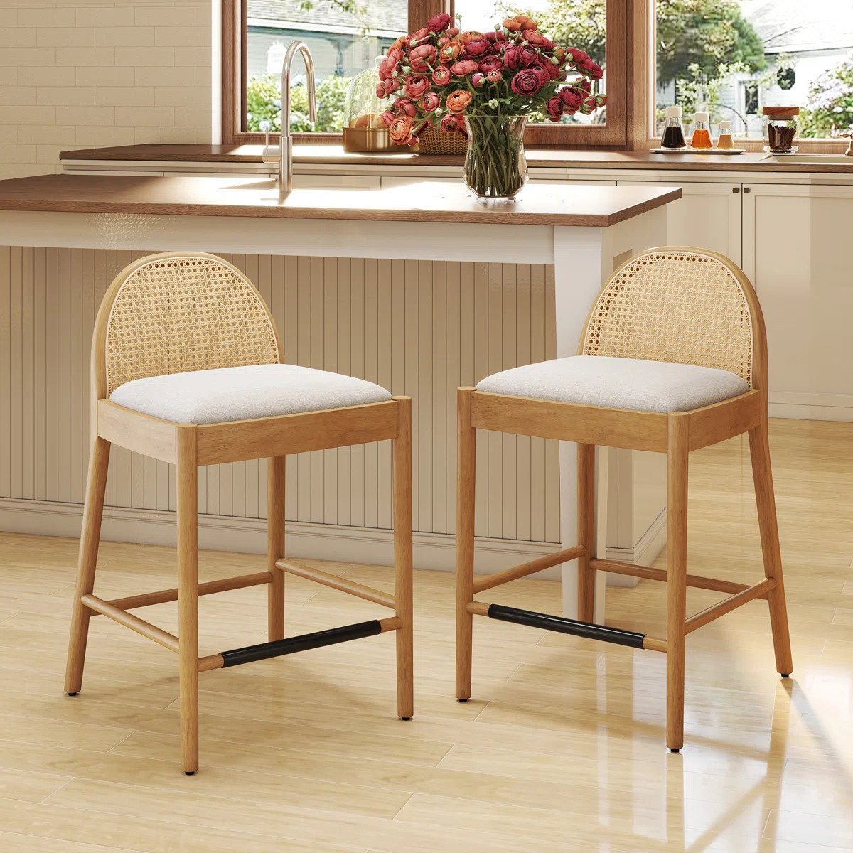 Emington Modern Stools with Rattan Backrests and Wood Frame (Set of 2) | Wayfair North America