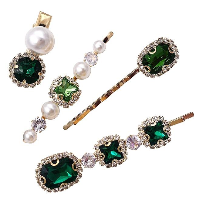 4PCS Vintage Green Crystal Pearl Gold Bobby Pins Decorative Hair Slides Clips Accessories Women | Amazon (US)