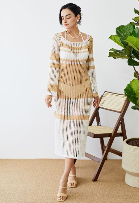 Light Tan Striped Hollow Out Knit Cover Up | Chicwish
