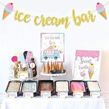 Ice Cream Bar Decorations Kit,Gold Glitter Ice Cream Bar Banner,Ice Cream Bar Sign Toppings Labels T | Amazon (US)