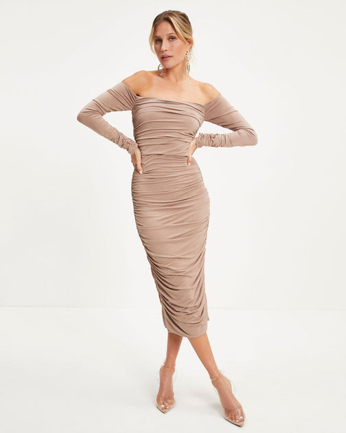 Twas The Night Drape Off The Shoulder Midi Dress - Taupe | VICI