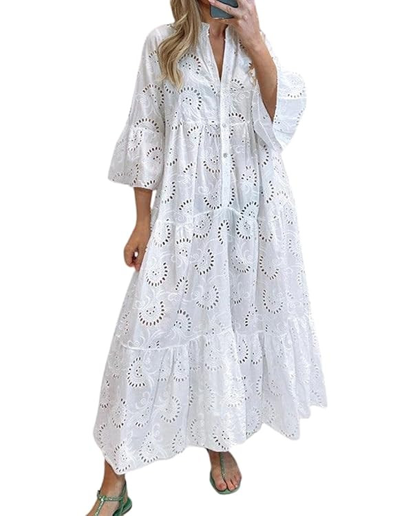 chouyatou Women's 2025 Lace Eyelet Embroidery Maxi Dress V-Neck Trumpet Sleeve Boho Flowy Swing D... | Amazon (US)
