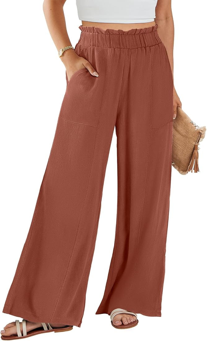ANRABESS Women's Linen Palazzo Pants Summer Casual Loose High Waist Wide Leg Pant Lounge Beach Tr... | Amazon (US)
