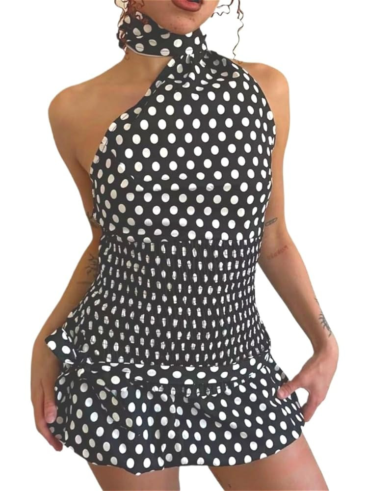 Polka Dot Two Piece Set Backless Ruched Top Sleeveless Bodycon Crop Bow Wrap Mini Skirt Vintage R... | Amazon (US)