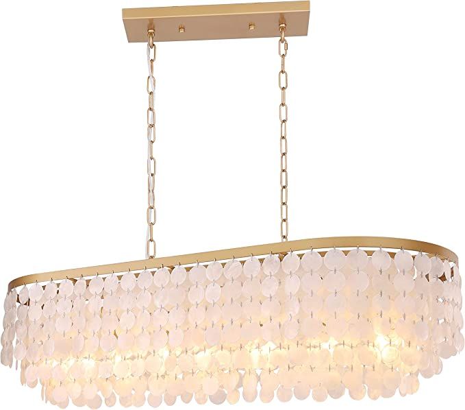 Tochic 42'' Gold Rectangular Chandelier Coastal, 5 Lights Natural Capiz Shell Chandeliers for Liv... | Amazon (US)