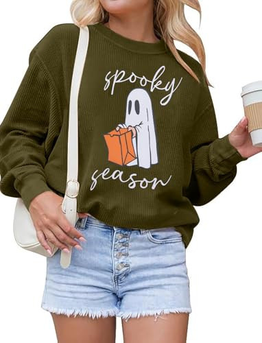 MYHALF Spooky Season Sweatshirt Halloween Shirt: Cute Ghost Sweater Womens Ribbed Knit Pullover Fall Winter Graphic Tops Green | Amazon (US)