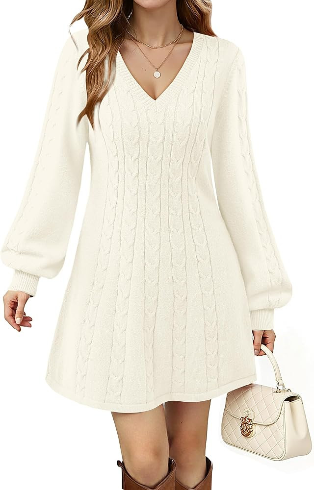 Womens V Neck Long Sleeve Cable Knit Fall Dresses Elegant Babydoll Sweater Dress | Amazon (US)