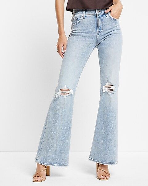 Mid Rise Light Wash Ripped 70s Flare Jeans | Express