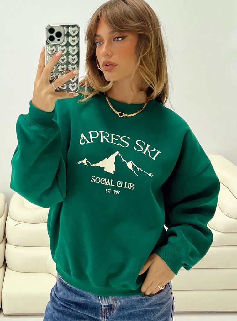 Apres Ski Crew Neck Sweatshirt Green / Cream | Princess Polly US