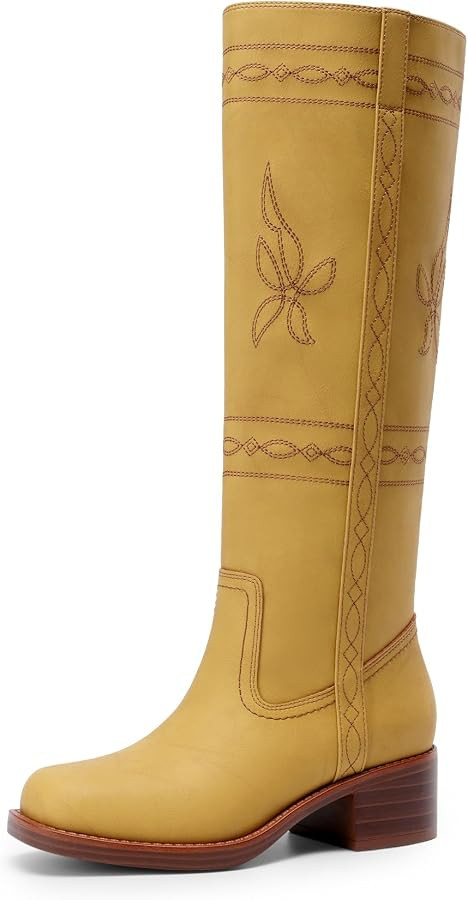 DREAM PAIRS Women's Knee High Boots Square Toe Stitched Tall Boots Embroidery Pull On Comfortable... | Amazon (CA)